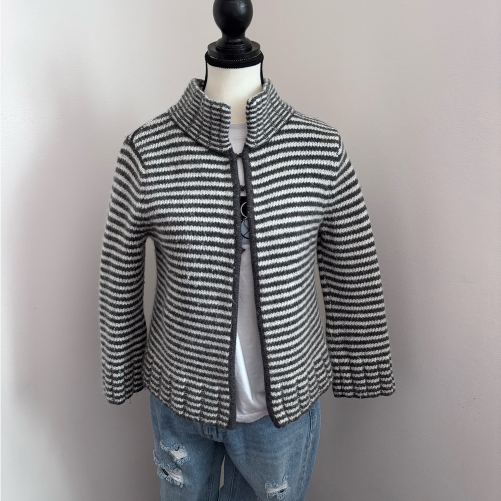 Talbots Black and White Striped Cardigan Wool/Angora Soft Cozy Size L
